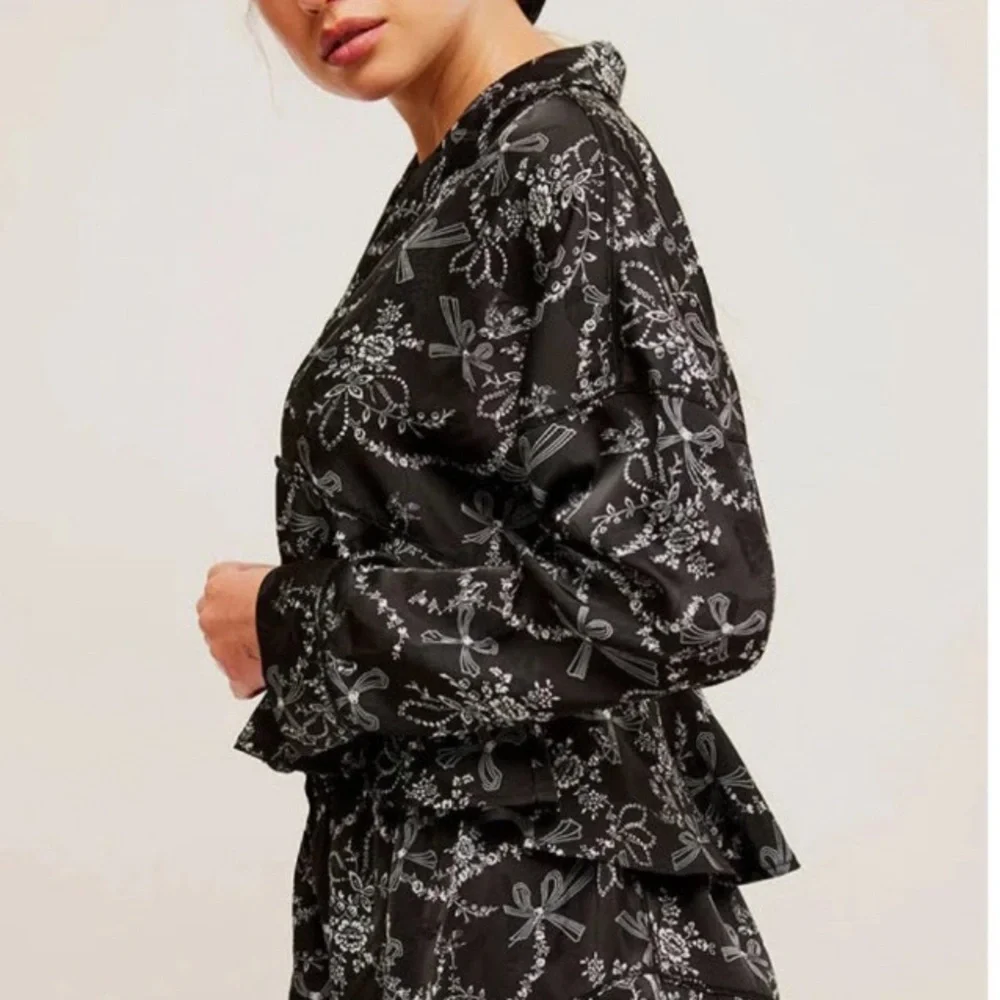 Intimately Free People Floral Bow Print V-Neck Button Down Boxy Shirt Black XL